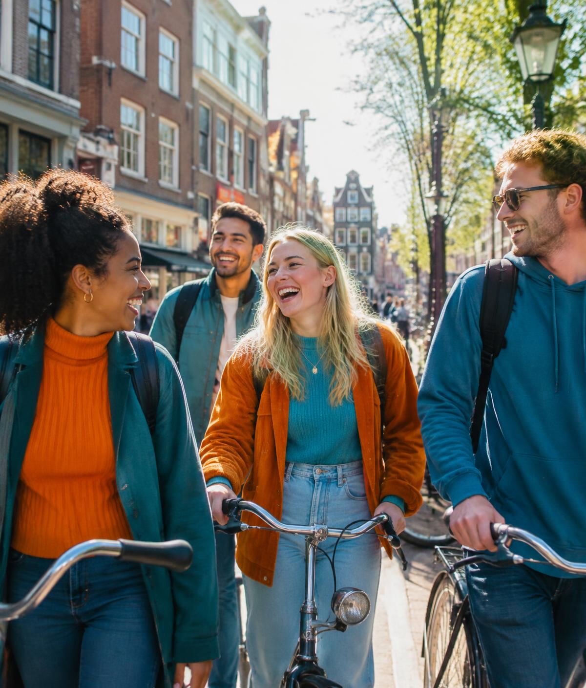 Een groep jongvolwassenen loopt lachend met hun fietsen door de stad